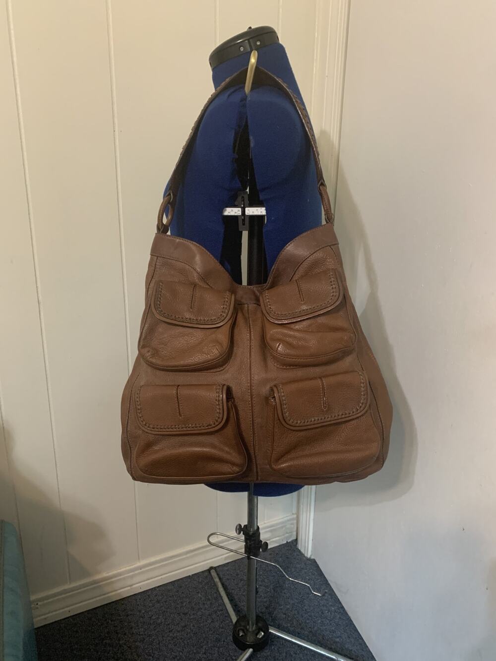 Banana Republic Large Cow Leather Hobo Bag 4 pockets Whipstitch Braided Strap